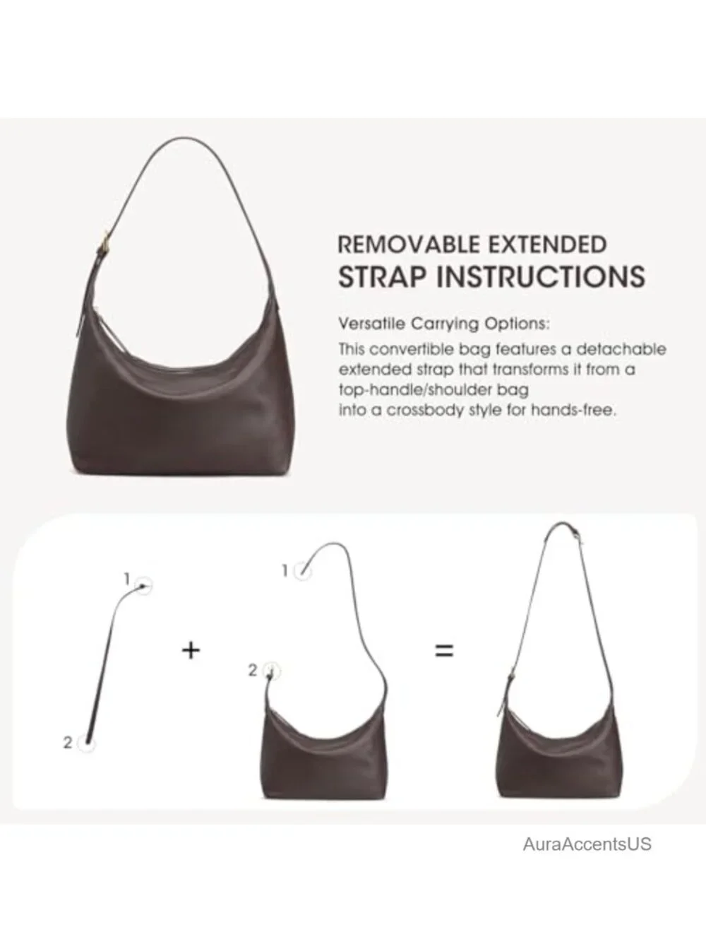 Genuine Leather Hobo Bag Removable Strap Crossbody Shoulder Purse
